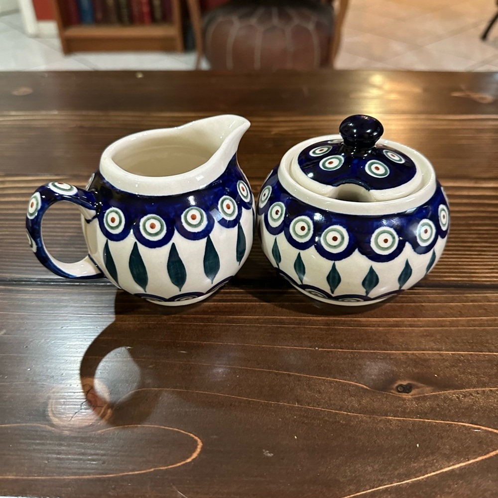 Blue and White Ceramic Creamer and Sugar Set